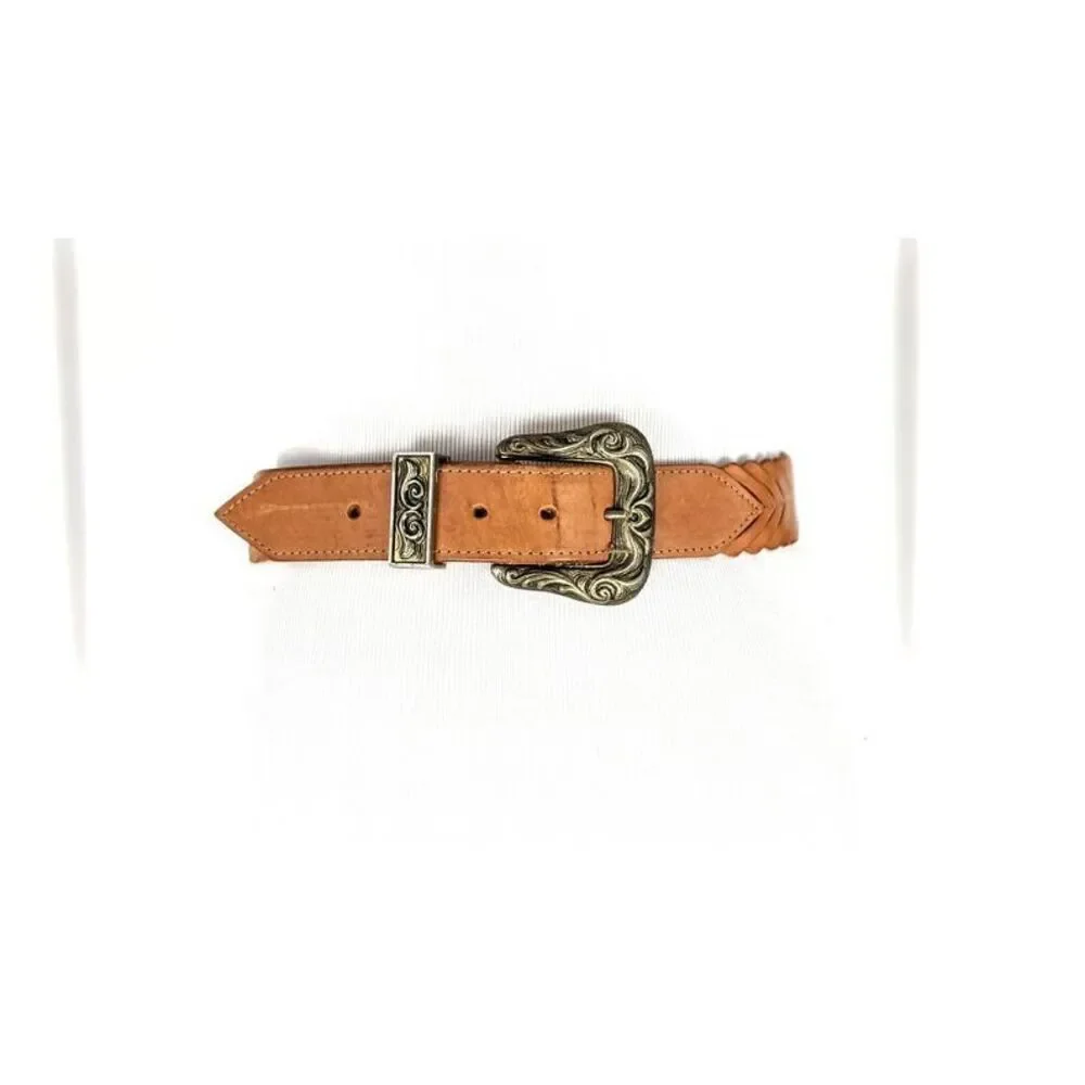 ✨Vintage Milor brown wide leather laser cut western buckle Sz M/L belt✨